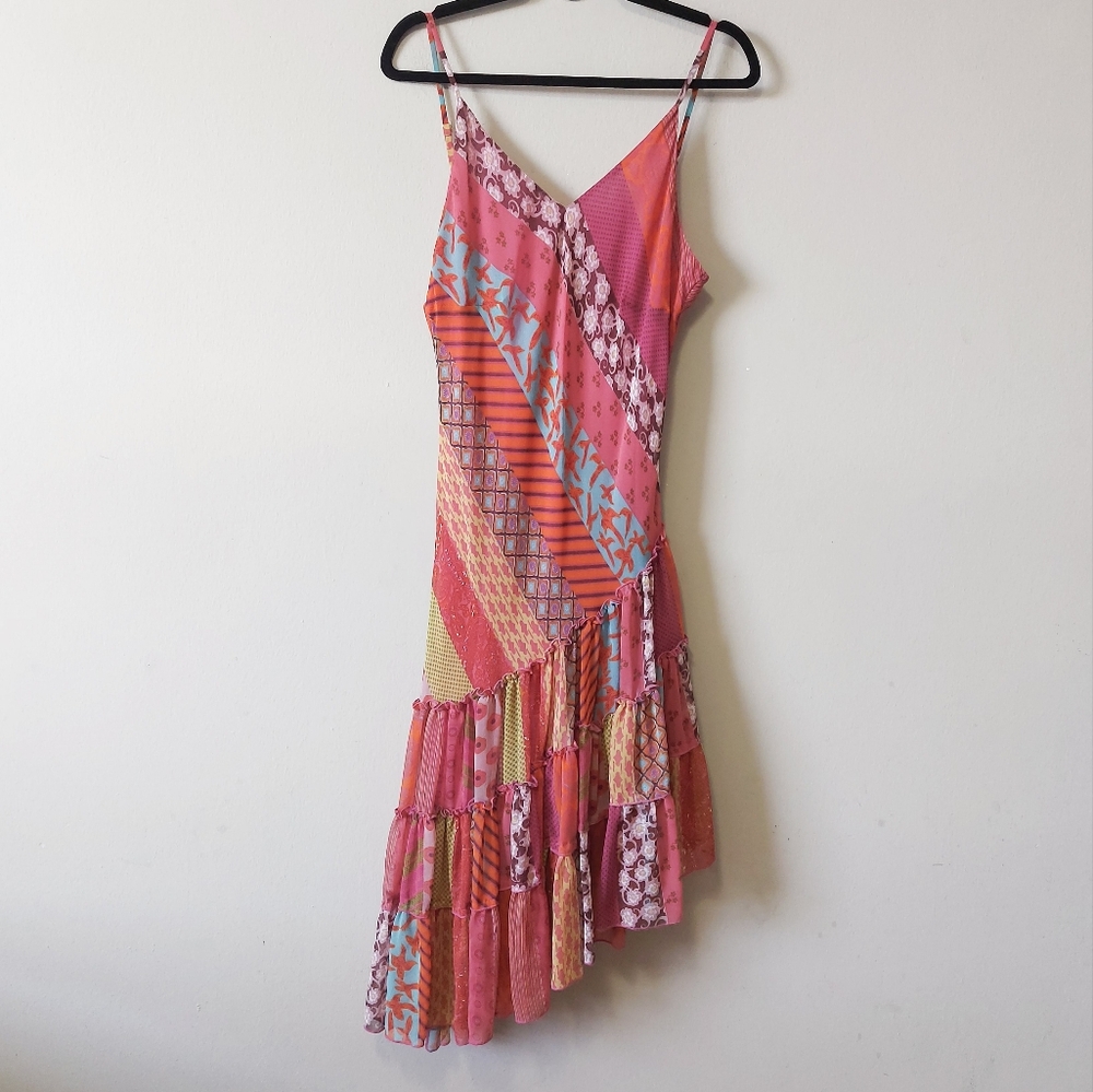 Variations Straps Patchwork Asymmetrical Hem Babydoll Colorful Slip Dress Medium